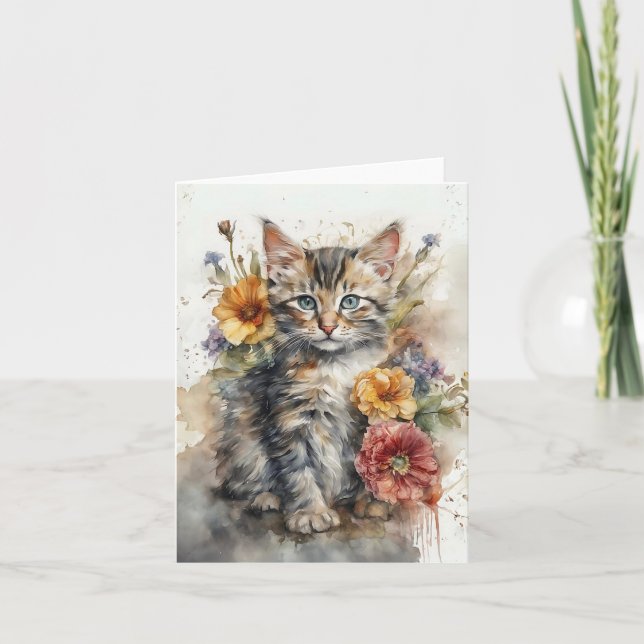 Beautiful Gray Tabby Cat Flowers Blank Greeting  Card (Front)