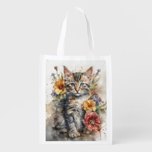 Beautiful Gray Tabby Cat Flowers Grocery Bag