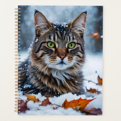 Beautiful Gray Tabby Cat Green Eyes Fall Leaves  Planner