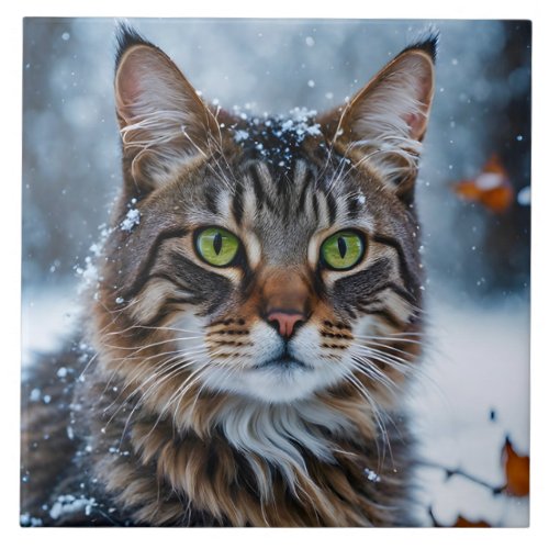 Beautiful Gray Tabby Cat in Snow Ceramic Tile
