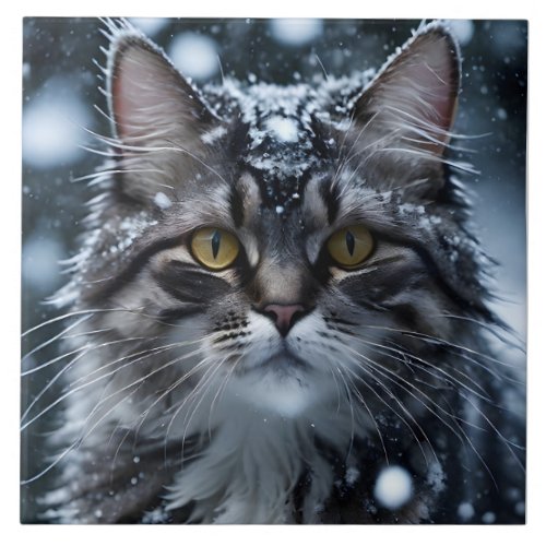 Beautiful Gray Tabby Cat in the Snow  Ceramic Tile