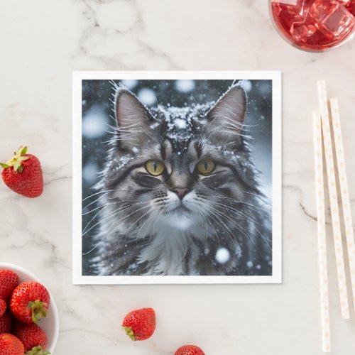Beautiful Gray Tabby Cat in the Snow  Napkins