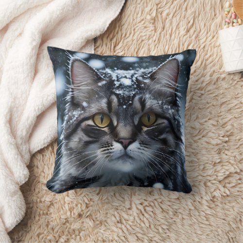 Beautiful Gray Tabby Cat in the Snow Throw Pillow
