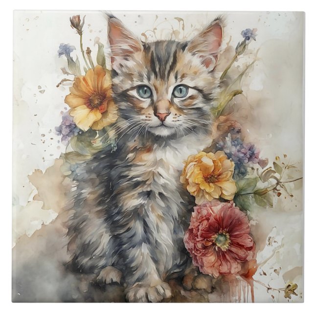 Beautiful Gray Tabby Cat Surrounded by Flowers  Ceramic Tile (Front)