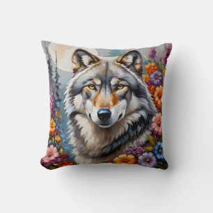Beautiful gray wolf and flowers throw pillow
