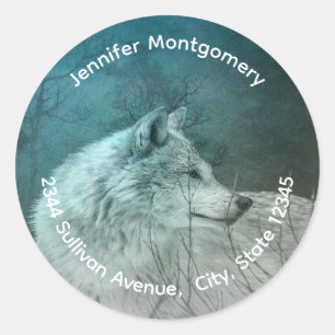 Beautiful Gray Wolf in a Dark Forest Address Classic Round Sticker