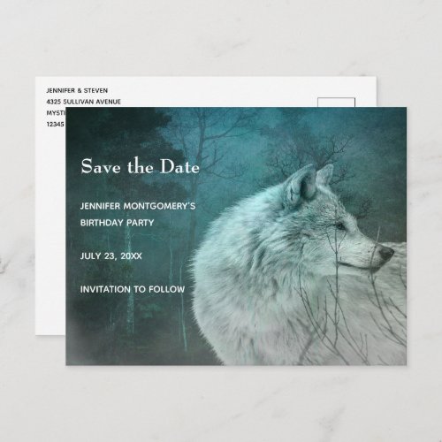 Beautiful Gray Wolf in a Dark Forest Birthday Announcement Postcard