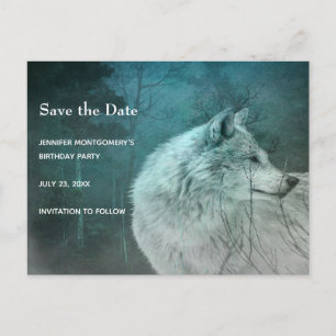 Beautiful Gray Wolf in a Dark Forest Birthday Announcement Postcard