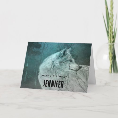 Beautiful Gray Wolf in a Dark Forest Birthday Card