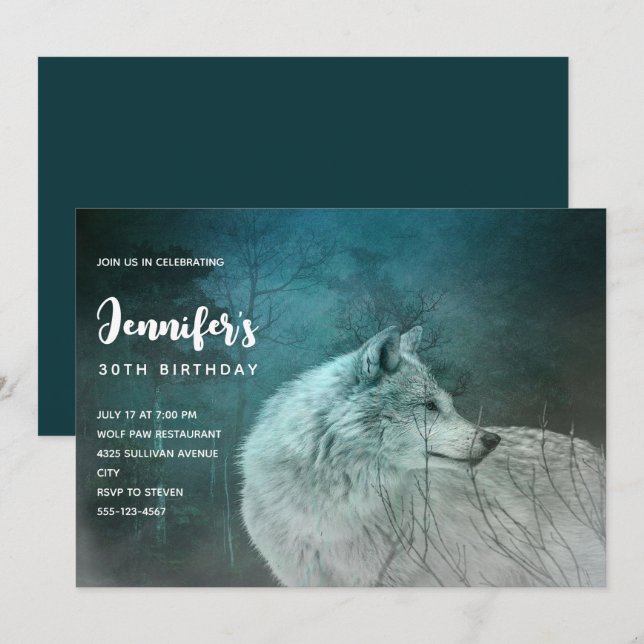 Beautiful Gray Wolf in a Dark Forest Birthday Invitation (Front/Back)