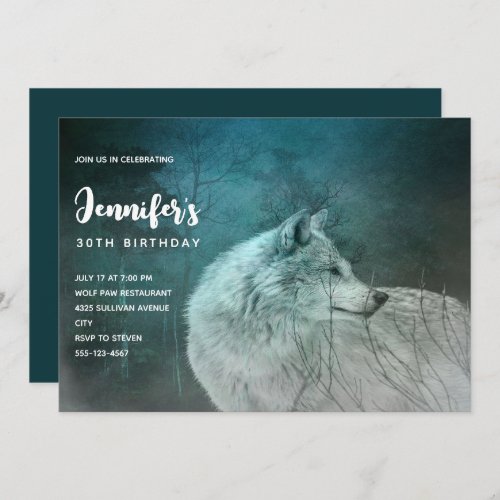 Beautiful Gray Wolf in a Dark Forest Birthday Invitation