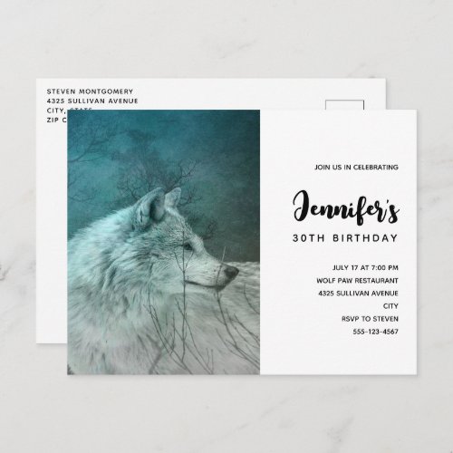 Beautiful Gray Wolf in a Dark Forest Birthday Invitation Postcard