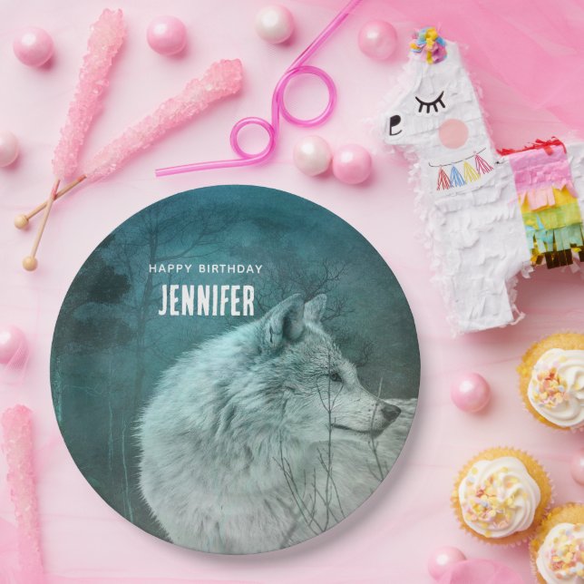 Beautiful Gray Wolf in a Dark Forest Birthday Paper Plates (Party)