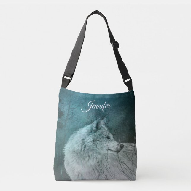Beautiful Gray Wolf in a Dark Forest Crossbody Bag (Front)