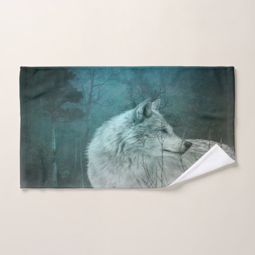 Beautiful Gray Wolf in a Dark Forest Hand Towel