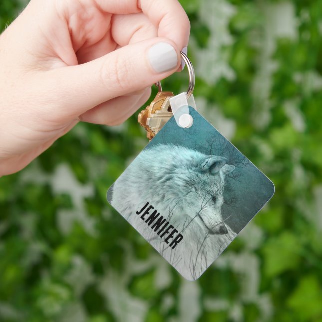 Beautiful Gray Wolf in a Dark Forest Keychain (Hand)