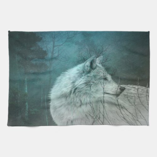 Beautiful Gray Wolf in a Dark Forest Kitchen Towel