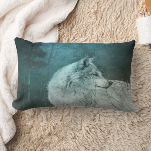 Beautiful Gray Wolf in a Dark Forest Lumbar Pillow