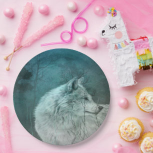Beautiful Gray Wolf in a Dark Forest Paper Plates