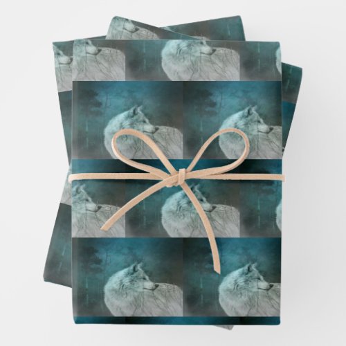 Beautiful Gray Wolf in a Dark Forest Pattern Wrapping Paper Sheets