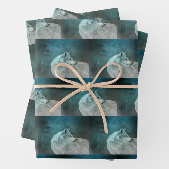 Beautiful Gray Wolf in a Dark Forest Pattern Wrapping Paper Sheets (In situ)