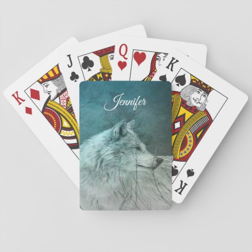 Beautiful Gray Wolf in a Dark Forest Playing Cards