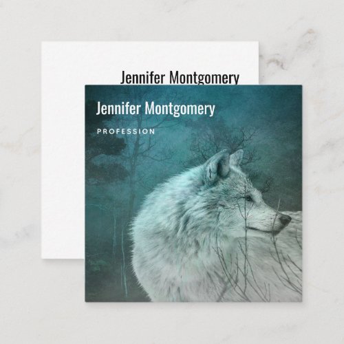 Beautiful Gray Wolf in a Dark Forest Square Business Card