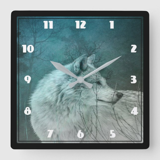 Beautiful Gray Wolf in a Dark Forest Square Wall Clock (Front)