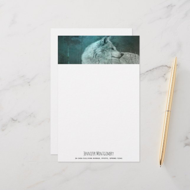 Beautiful Gray Wolf in a Dark Forest Stationery (Front/Back In Situ)