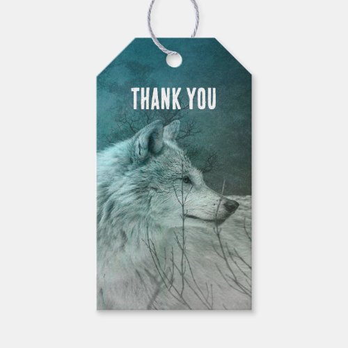 Beautiful Gray Wolf in a Dark Forest Thank You Gift Tags