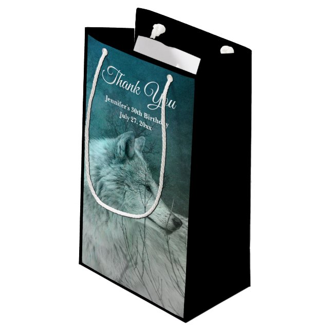 Beautiful Gray Wolf in a Dark Forest Thank You Small Gift Bag (Back Angled)