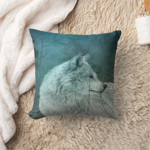 Beautiful Gray Wolf in a Dark Forest Throw Pillow
