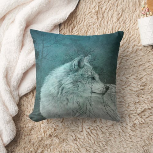 Beautiful Gray Wolf in a Dark Forest Throw Pillow