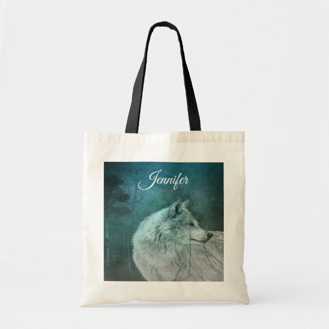 Beautiful Gray Wolf in a Dark Forest Tote Bag (Front)
