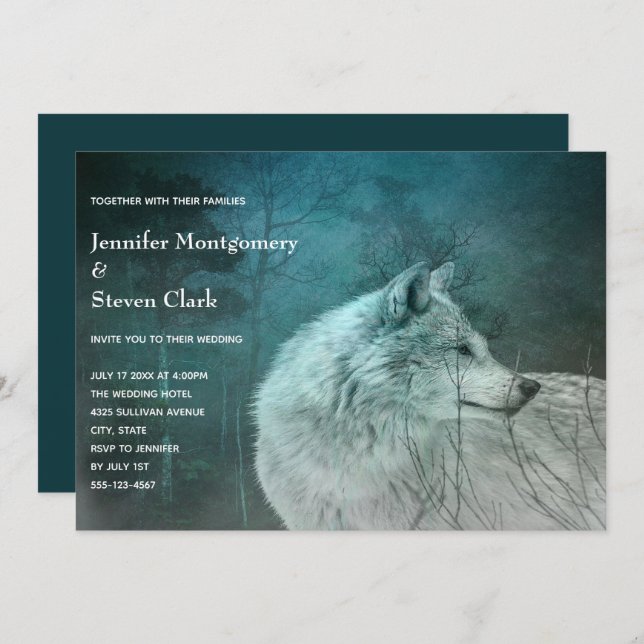 Beautiful Gray Wolf in a Dark Forest Wedding Invitation (Front/Back)