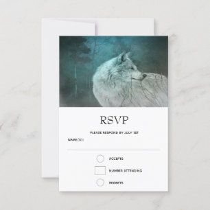 Beautiful Gray Wolf in a Dark Forest Wedding RSVP Card