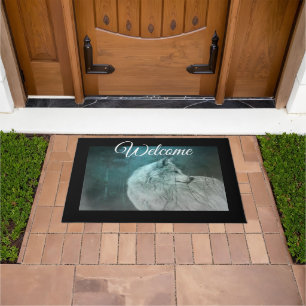 Beautiful Gray Wolf in a Dark Forest Welcome Doormat