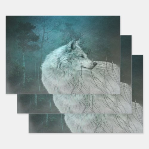 Beautiful Gray Wolf in a Dark Forest Wrapping Paper Sheets