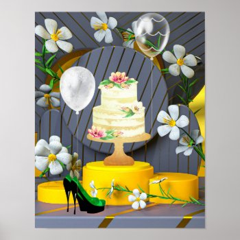 Beautiful Gray  Yellow  Flowers  Cake  High Heels Poster by StuffByAbby at Zazzle