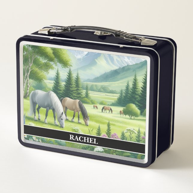 Beautiful Grazing Horses Metal Lunch Box (Back)