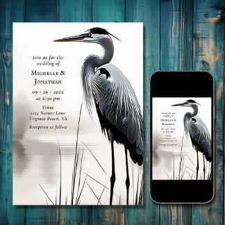 Beautiful Great Blue Heron Coastal Bird Wedding Invitation