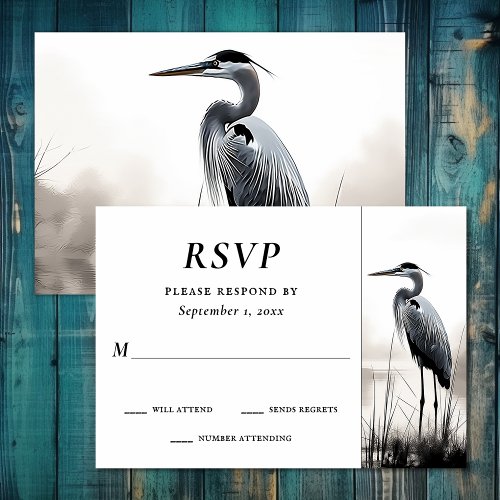 Beautiful Great Blue Heron Coastal Bird Wedding RSVP Card