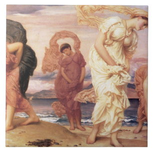 Beautiful Greek Women Picking Pebbles on a Beach Ceramic Tile