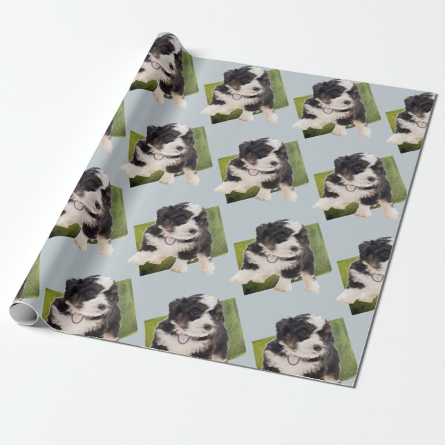 Beautiful Green Bernedoodle Puppy Art   Wrapping Paper (Unrolled)