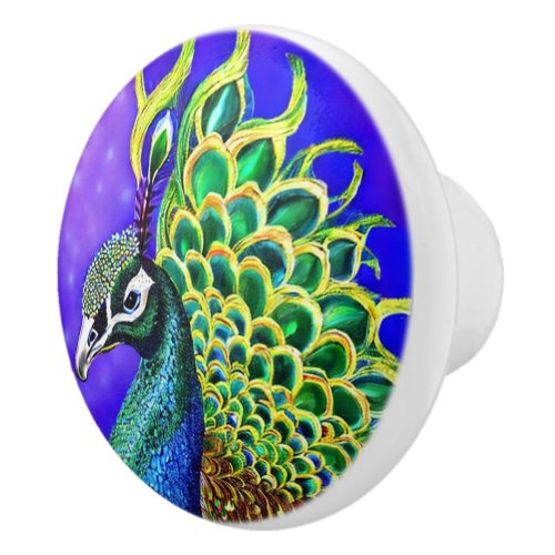 Beautiful green blue peacock illustration ceramic knob