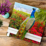 Beautiful Green Blue Peacock Photo Stylish Chic Jigsaw Puzzle<br><div class="desc">There’s nothing quite as stunning as a royal blue peacock with its blue green gem-hued feathers, against a bright red flowering bush overlooking a Southern California coastal harbor. Celebrate its beauty every day whenever you work on this unique, colorful photography jigsaw puzzle. Makes a great gift for someone special! Comes...</div>
