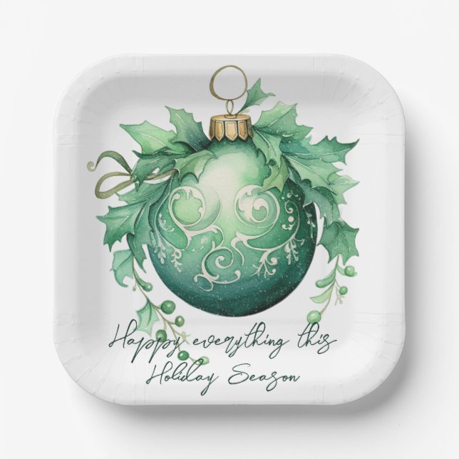 Beautiful Green Christmas Ball Snowfall Paper Plates (Front)