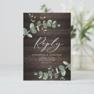 beautiful green eucalyptus wedding dark wood RSVP card