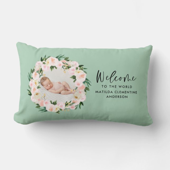 Beautiful green floral girly photo baby welcome lumbar pillow (Front)