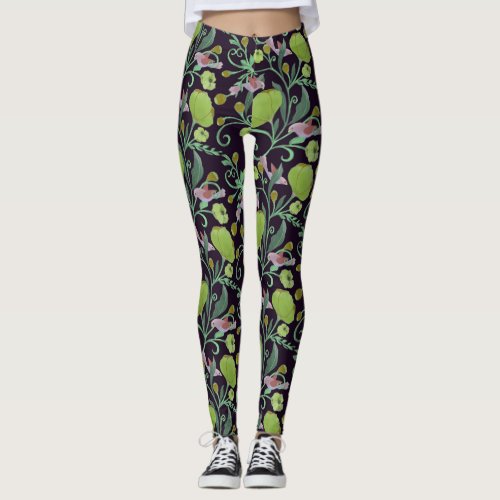 Beautiful green flowers vines and pink birds wrap leggings